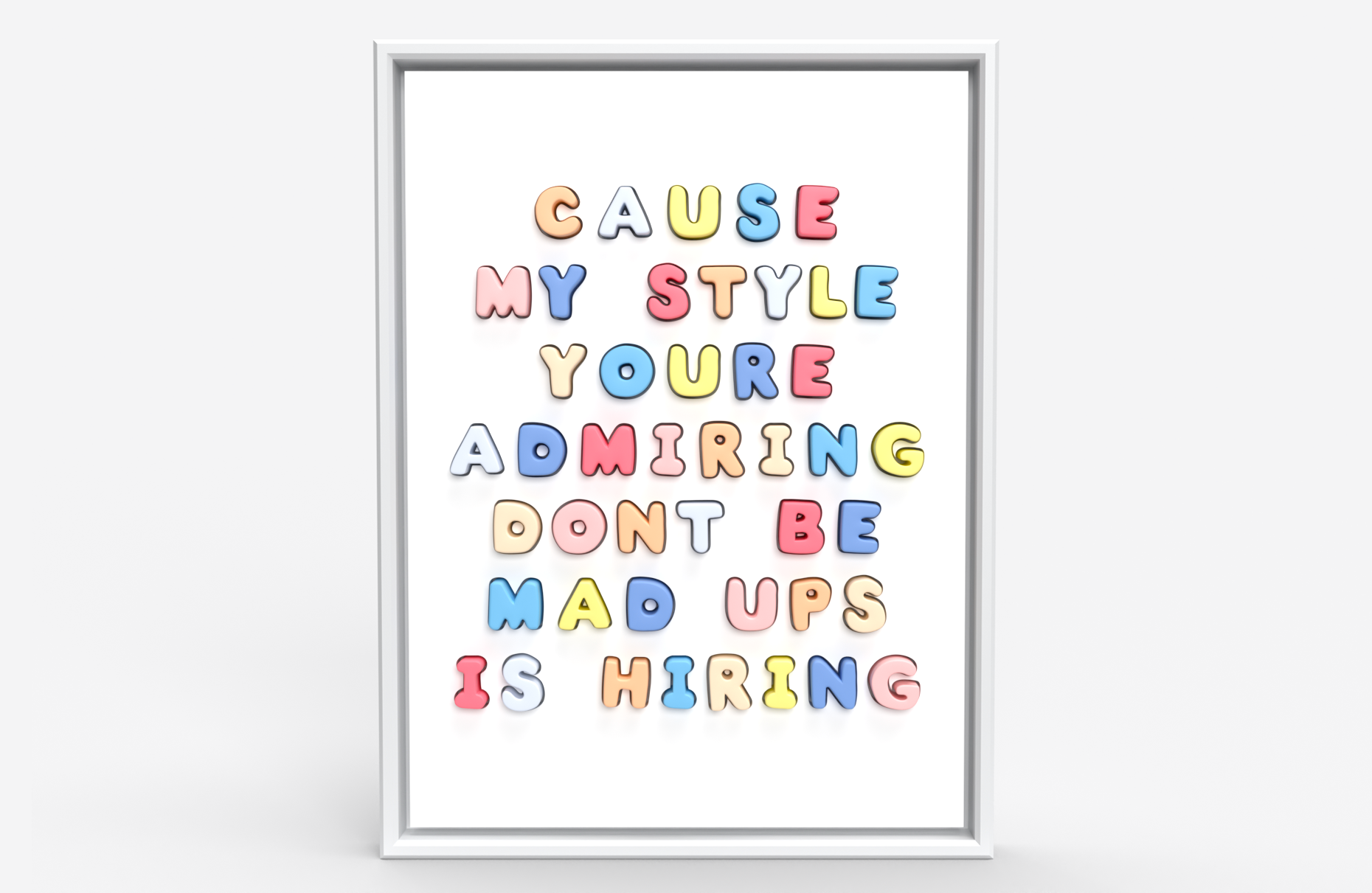 "Painted CNC plywood artwork titled 'Don’t Be Mad' by British contemporary artist Elvis Ellis, known as Elvs. Measuring 55cm x 74cm, this piece features playful children’s letters arranged in a framed composition, capturing a vibrant, youthful energy. 'Don’t Be Mad' draws inspiration from the bold simplicity of Henri Matisse, the conceptual depth of Jenny Holzer, and the unbridled creativity of Picasso. The artwork reflects Elvs’ ability to merge art history with contemporary design, transforming ordinary elements into a lively expression of playful creativity. Just as Picasso believed in the power of maintaining a childlike sense of wonder, Elvs’ 'Don’t Be Mad' inspires viewers to embrace the joy and spontaneity of artistic creation, making it a meaningful.