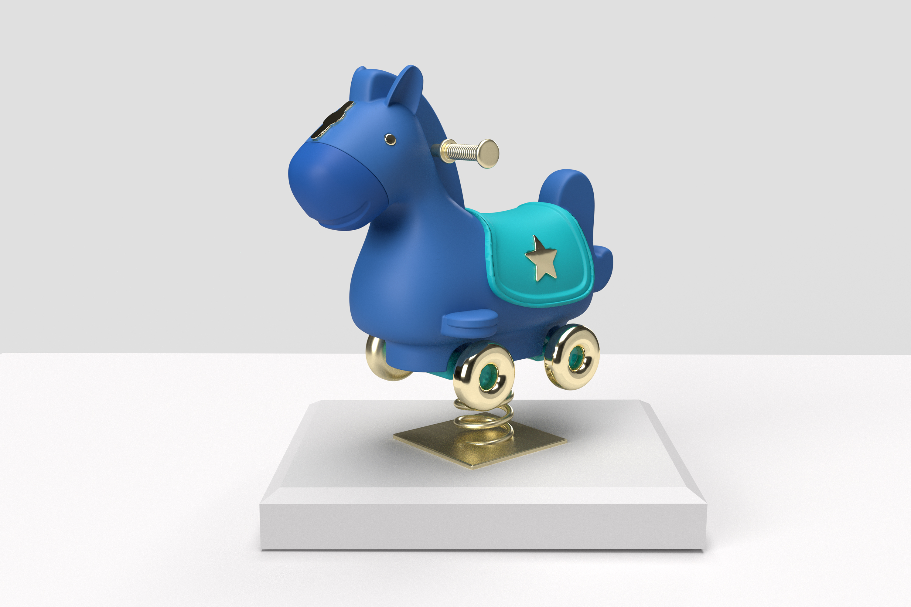 "Painted bronze sculpture titled 'My 2nd Rodeo {Navy}’ by British contemporary artist Elvis Ellis, known as Elvs. This vibrant piece continues the playful theme established in Elvs' previous works, featuring a fresh, mint-colored rendition of a whimsical concept. 'My 2nd Rodeo {Navy}’ captures the essence of youthful exuberance and adventure through its dynamic design and striking color. The sculpture blends Elvs' signature modern style with a sense of nostalgia, offering a contemporary twist on themes of childhood play. This artwork is a captivating addition to any collection, showcasing the artist's ability to infuse classic themes with a fresh and imaginative perspective."