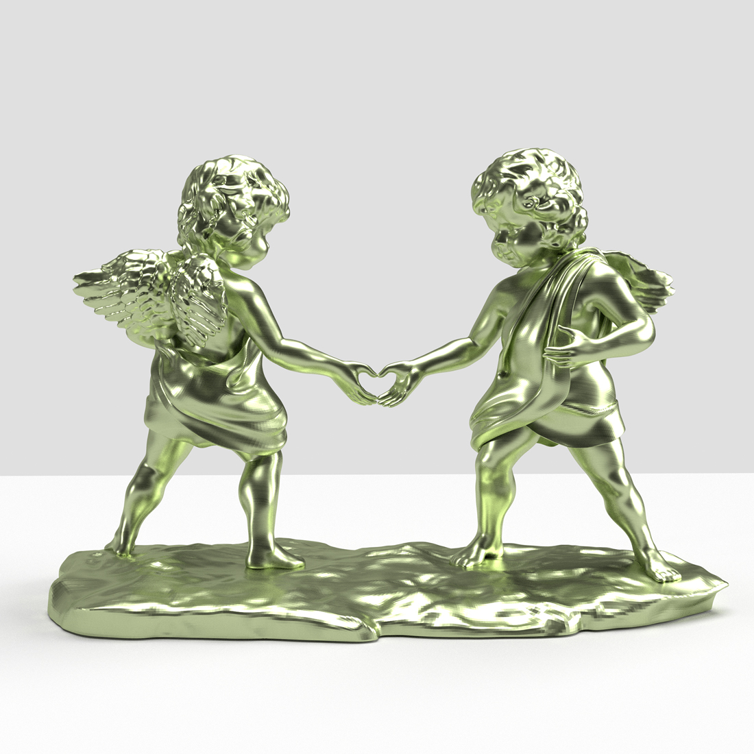Painted bronze sculpture titled *'Amantes Tactus - Polished {Lovers Touch}'* by British contemporary artist Elvis Ellis, known as Elvs, captures a powerful moment of connection through two cherubs linking hands to form a love heart. This evocative piece reflects the artist’s belief that the world we live in today craves more love and unity, making it a poignant commentary on our times. Drawing inspiration from the inventive genius of Pablo Picasso, the provocative edge of Banksy, and the bold expressions of Jean-Michel Basquiat, the work bridges classical themes with a modern, rebellious twist. Forsale Limited Edition