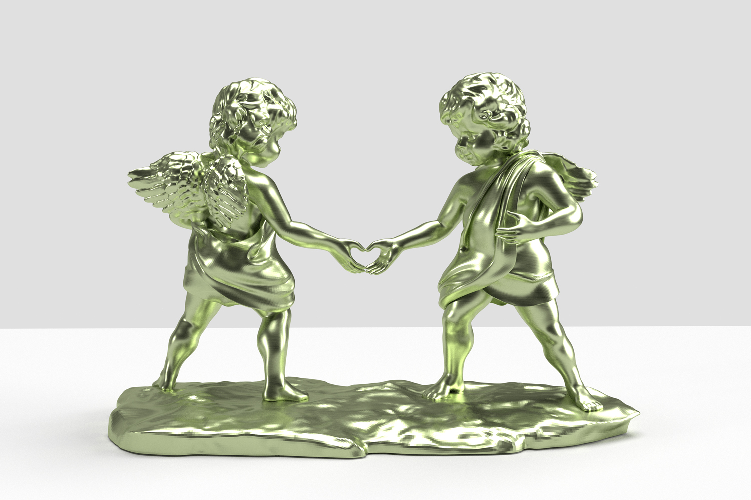 Painted bronze sculpture titled *'Amantes Tactus - polished {Lovers Touch}'* by British contemporary artist Elvis Ellis, known as Elvs, captures a powerful moment of connection through two cherubs linking hands to form a love heart. This evocative piece reflects the artist’s belief that the world we live in today craves more love and unity, making it a poignant commentary on our times. Drawing inspiration from the inventive genius of Pablo Picasso, the provocative edge of Banksy, and the bold expressions of Jean-Michel Basquiat, the work bridges classical themes with a modern, rebellious twist.