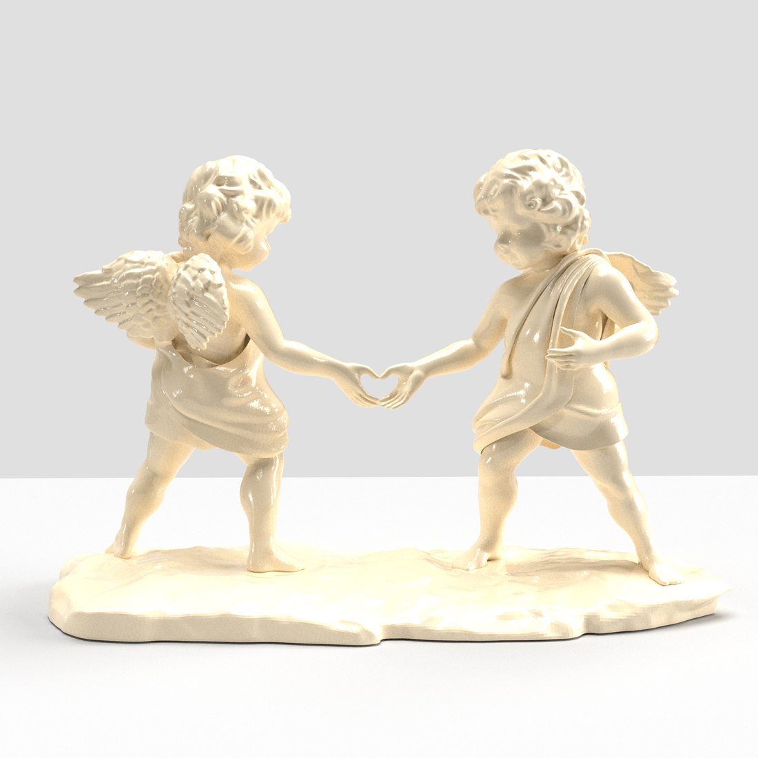 Painted bronze sculpture titled *'Amantes Tactus - Cream {Lovers Touch}'* by British contemporary artist Elvis Ellis, known as Elvs, captures a powerful moment of connection through two cherubs linking hands to form a love heart. This evocative piece reflects the artist’s belief that the world we live in today craves more love and unity, making it a poignant commentary on our times. Drawing inspiration from the inventive genius of Pablo Picasso, the provocative edge of Banksy, and the bold expressions of Jean-Michel Basquiat, the work bridges classical themes with a modern, rebellious twist. For Sale - Limited Edition