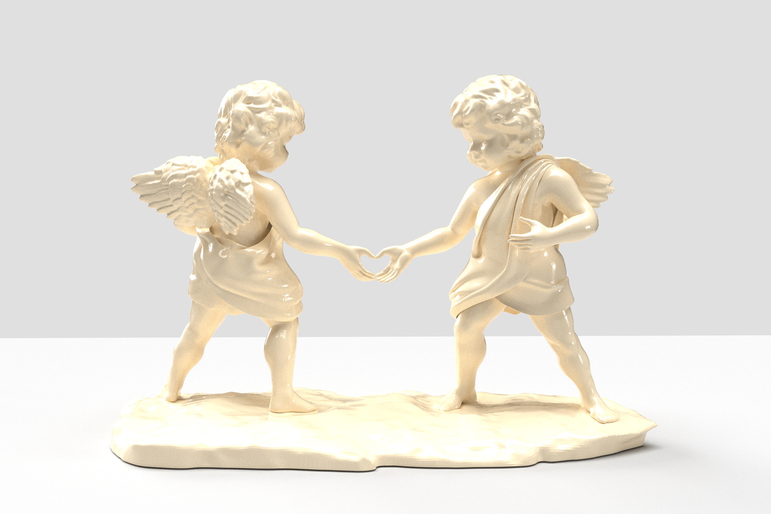 Painted bronze sculpture titled *'Amantes Tactus - Cream {Lovers Touch}'* by British contemporary artist Elvis Ellis, known as Elvs, captures a powerful moment of connection through two cherubs linking hands to form a love heart. This evocative piece reflects the artist’s belief that the world we live in today craves more love and unity, making it a poignant commentary on our times. Drawing inspiration from the inventive genius of Pablo Picasso, the provocative edge of Banksy, and the bold expressions of Jean-Michel Basquiat, the work bridges classical themes with a modern, rebellious twist.