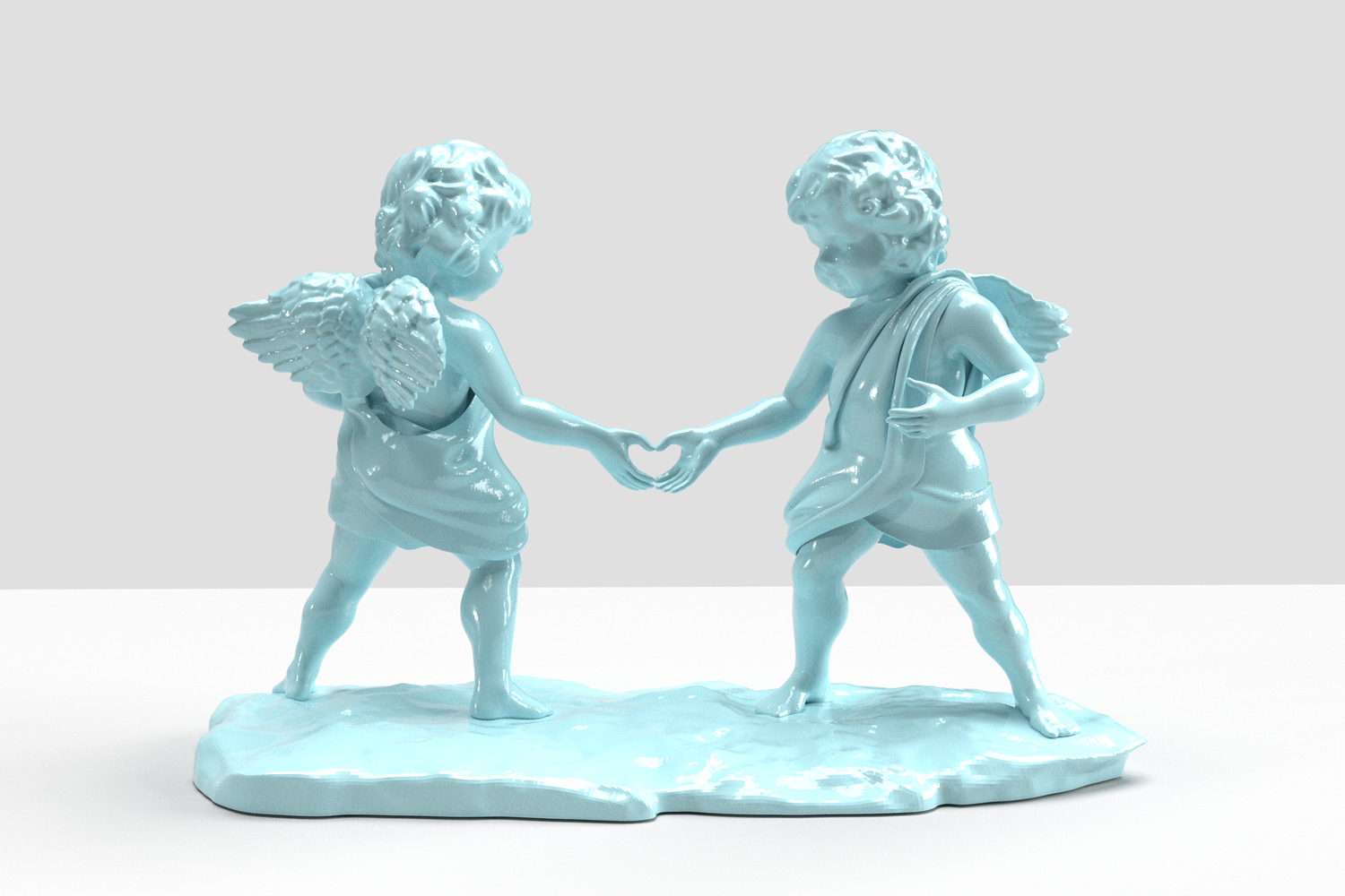 Painted bronze sculpture titled *'Amantes Tactus - Teal {Lovers Touch}'* by British contemporary artist Elvis Ellis, known as Elvs, captures a powerful moment of connection through two cherubs linking hands to form a love heart. This evocative piece reflects the artist’s belief that the world we live in today craves more love and unity, making it a poignant commentary on our times. Drawing inspiration from the inventive genius of Pablo Picasso, the provocative edge of Banksy, and the bold expressions of Jean-Michel Basquiat, the work bridges classical themes with a modern, rebellious twist.