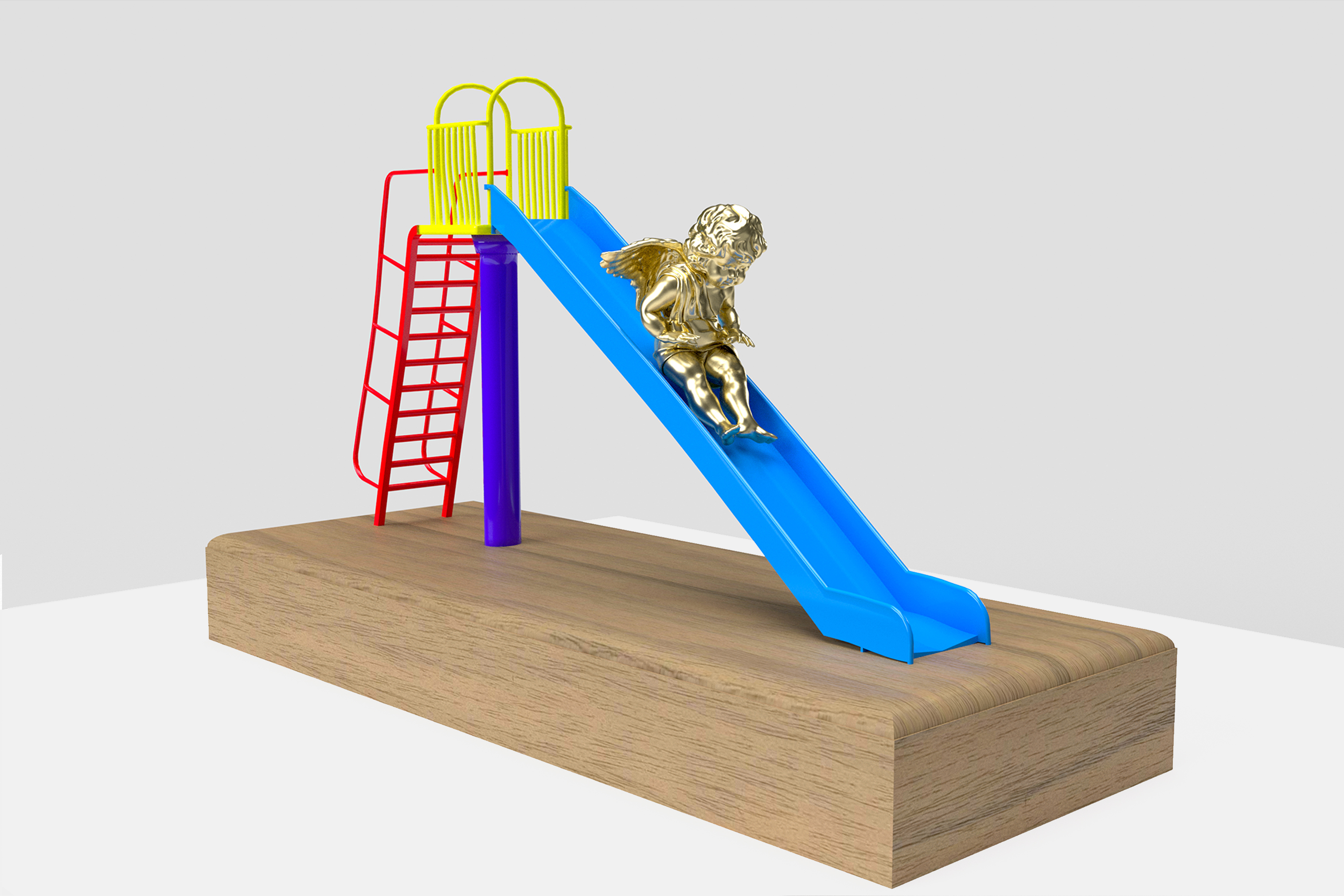 "Painted polished bronze sculpture titled 'Skidaddle' by British contemporary artist Elvis Ellis, known as Elvs. The artwork features a cherub joyfully sliding down a colorful slide, blending luxury with playful creativity. Inspired by iconic artists like Picasso, Banksy, and Jean-Michel Basquiat, 'Skidaddle' is a premium edition artwork designed for high-end collectors. This contemporary masterpiece is ideal for prestigious venues such as Art Basel, top-tier galleries, and museums, standing out as a unique and luxurious addition to any collection."