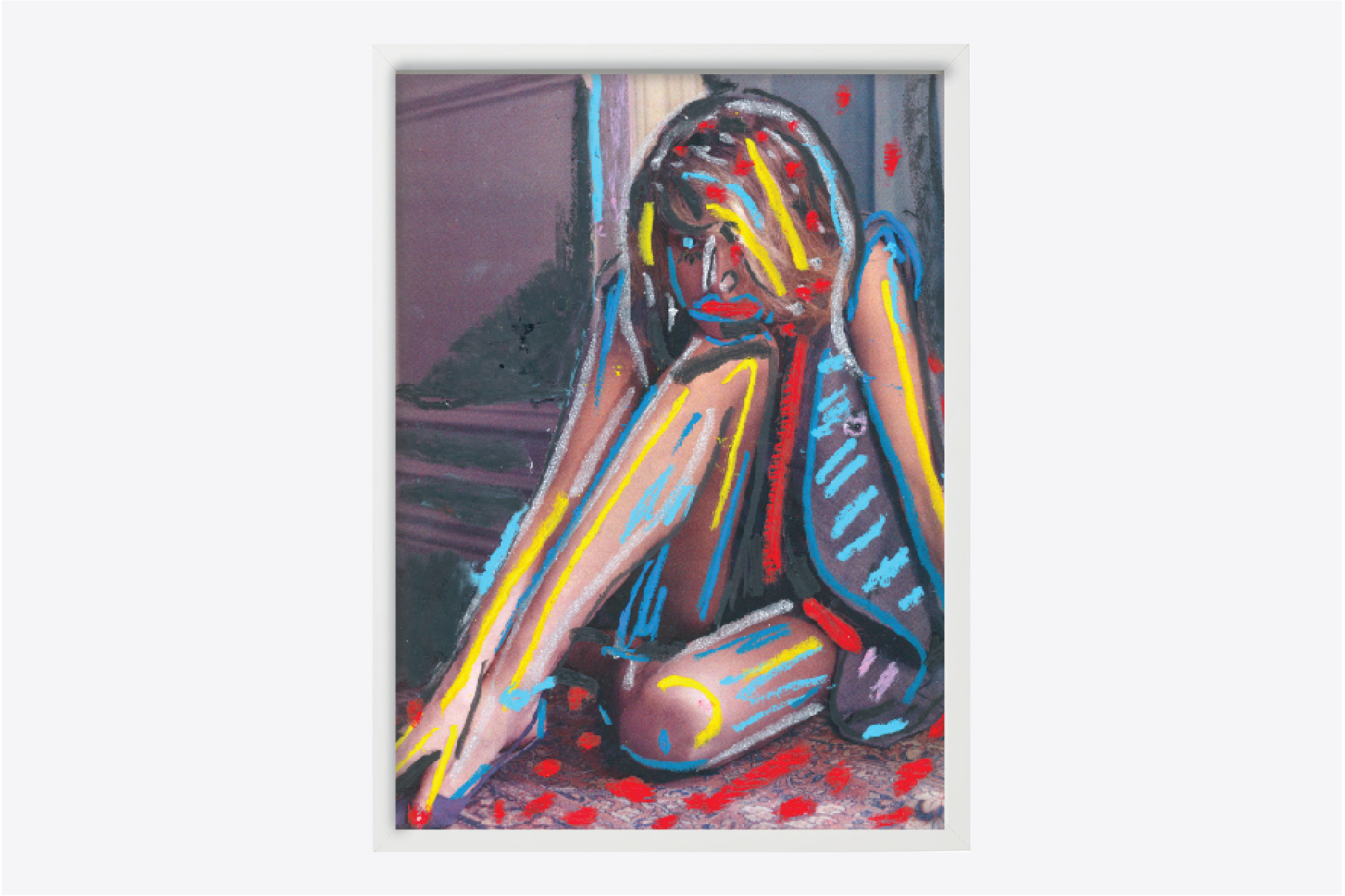 "Artwork titled 'Evelynn' from the ongoing 'Irresistible' series by British contemporary artist Elvis Ellis, known as Elvs. This striking piece transforms old-fashioned images through the application of paint and oil sticks, creating a unique fusion of past and present. Drawing inspiration from the revolutionary approaches of Picasso, the provocative edge of Banksy, and the raw intensity of Jean-Michel Basquiat, Elvs redefines the temporal nature of beauty in today's world. Each work in this series is meticulously handcrafted, utilizing a collage of techniques and mediums to leave a poignant social commentary. 'Evelynn' stands out as a collectible piece that blends classic imagery with modern artistic expression, making it an irresistible addition to any high-end art collection."
