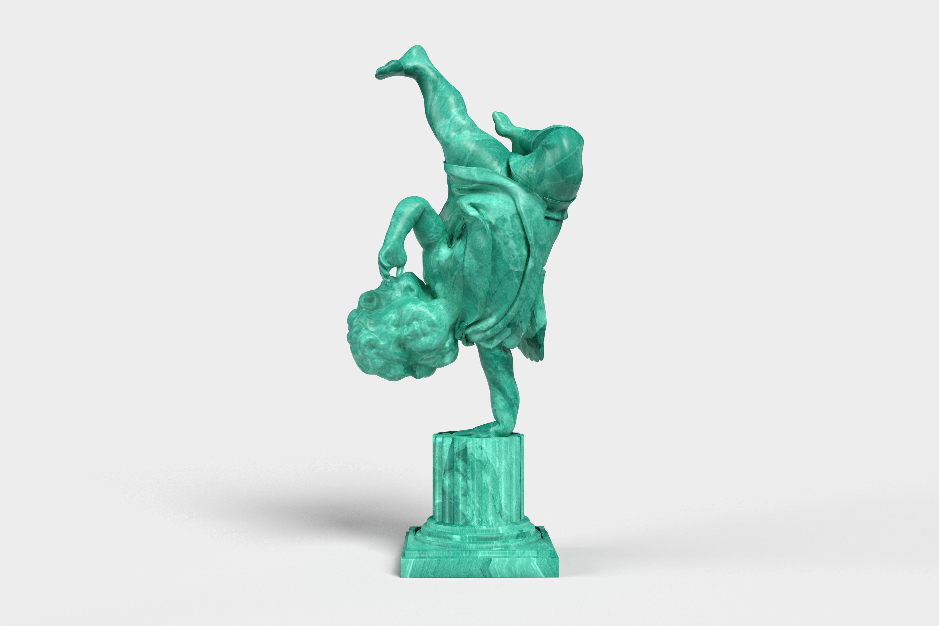"Marble sculpture titled 'Top Rocker, {Emerald}' by British contemporary artist Elvis Ellis, known as Elvs. Measuring 27cm x 18cm x 17cm, this piece depicts a cherub in a breakdancing stance, skillfully rendered in marble. 'Top Rocker, {Emerald}' combines the grace of Renaissance art with a modern, dynamic twist, reflecting Elvs' unique fusion of classical and contemporary influences. Limited to an edition of 250, this sculpture stands out with its vibrant green hue and playful energy, making it a standout addition to any high-end art collection or gallery."