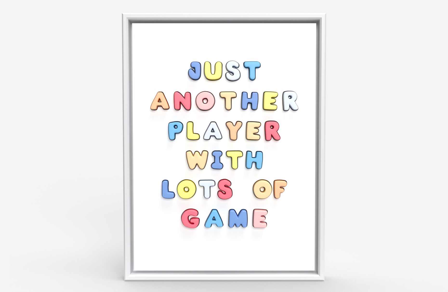 "Painted CNC plywood artwork titled ‘Another Player’ by British contemporary artist Elvis Ellis, known as Elvs. Measuring 55cm x 74cm, this piece presents bold, dynamic lettering in a framed composition, spelling out the word ‘Player.’ In this work, Elvs deftly navigates the intersection of contemporary design and art historical references, drawing inspiration from the rhythmic forms of Henri Matisse, the incisive text art of Jenny Holzer, and the boundless creativity of Picasso. ‘Another Player’  is more than just a nod to sporting achievement; it's a declaration of success, resilience, and the pursuit of excellence in any field. Elvs' use of playful yet assertive typography elevates a simple phrase into a celebration of triumph, both personal and universal. It's a striking piece that speaks to the power of language and the art of winning, capturing the essence of modern life with a nod to the greats of art history—a fitting addition to any discerning collection."
