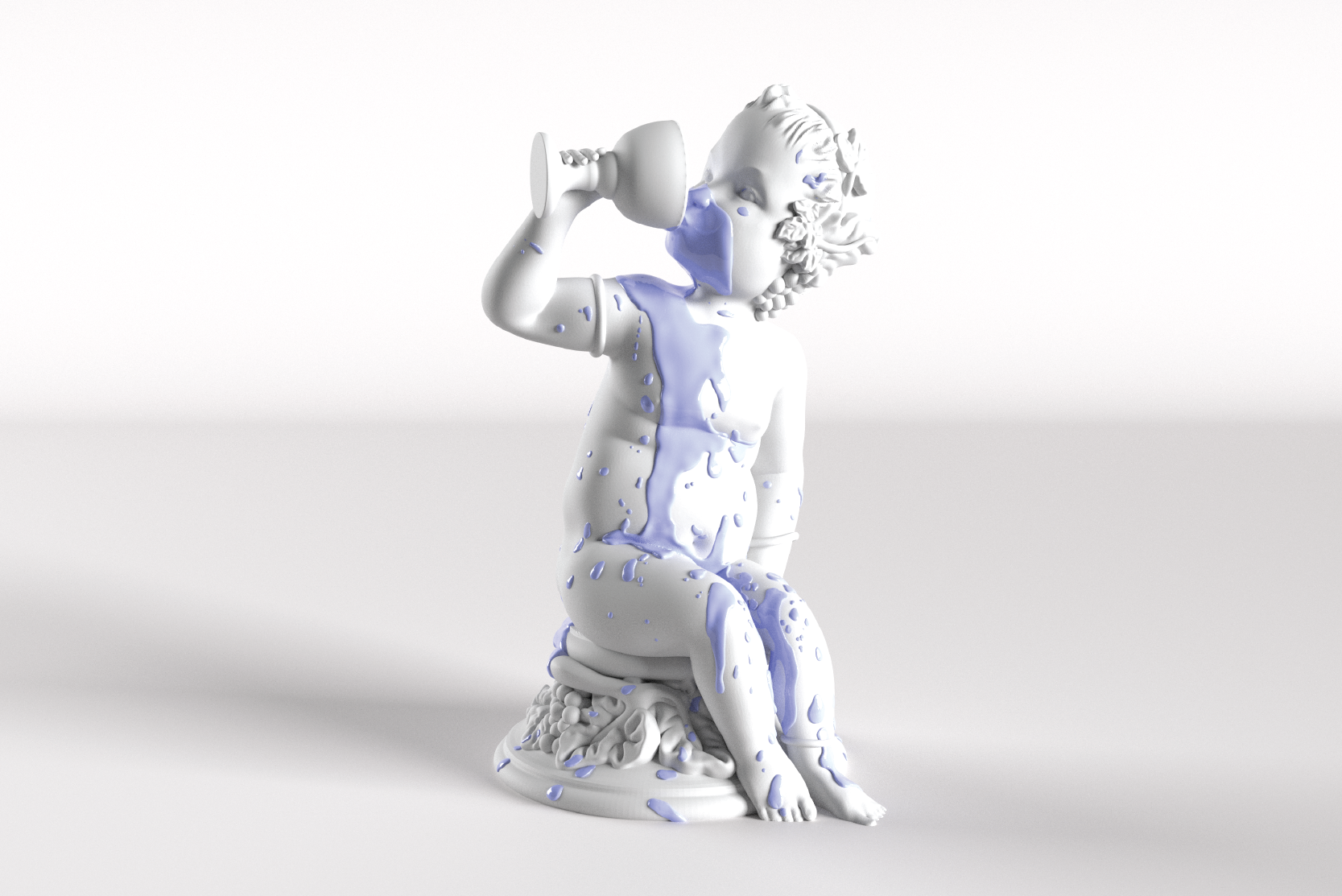 Painted bronze sculpture titled 'The Drinker - {Caeruleum - Blue Version}' by British contemporary artist Elvis Ellis, known as Elvs. The artwork features a playful cherub drinking, enhanced with vibrant blue paint splashes, offering a modern twist on classical forms. Elvs creatively reinterprets historical art with a fresh, fun approach, drawing inspiration from Picasso, Kaws, Banksy, Damien Hirst, and Jeff Koons. This luxurious and exclusive piece stands out in high-end contemporary art collections, merging tradition with innovation in a captivating way."
