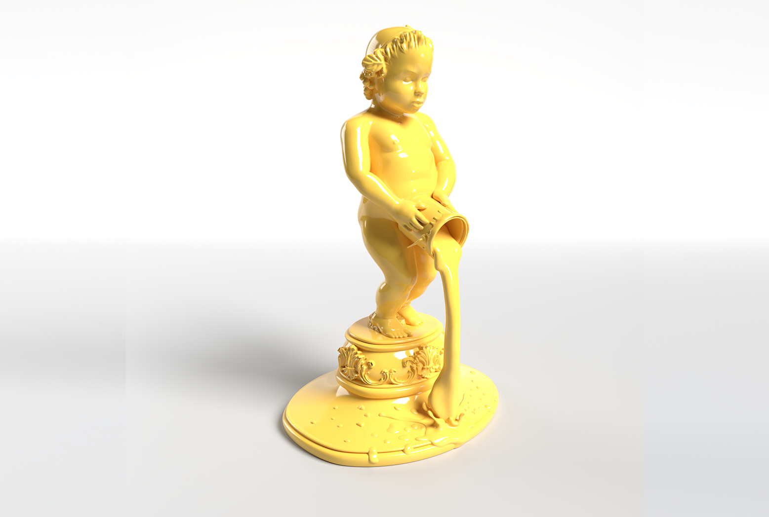"Painted bronze sculpture titled 'The Fountain of Youth, {Flavo}' by British contemporary artist Elvis Ellis, known as Elvs. This vibrant piece features a cherub pouring paint from a can, captured in a playful and creative moment. 'The Fountain of Youth, {Flavo}' merges the timeless grace of Renaissance art with Elvs' distinctive, whimsical style, presenting a fresh take on classical themes. The bright, lively color and dynamic pose of the cherub bring a modern twist to the sculpture, making it a captivating addition to any art collection or gallery."
