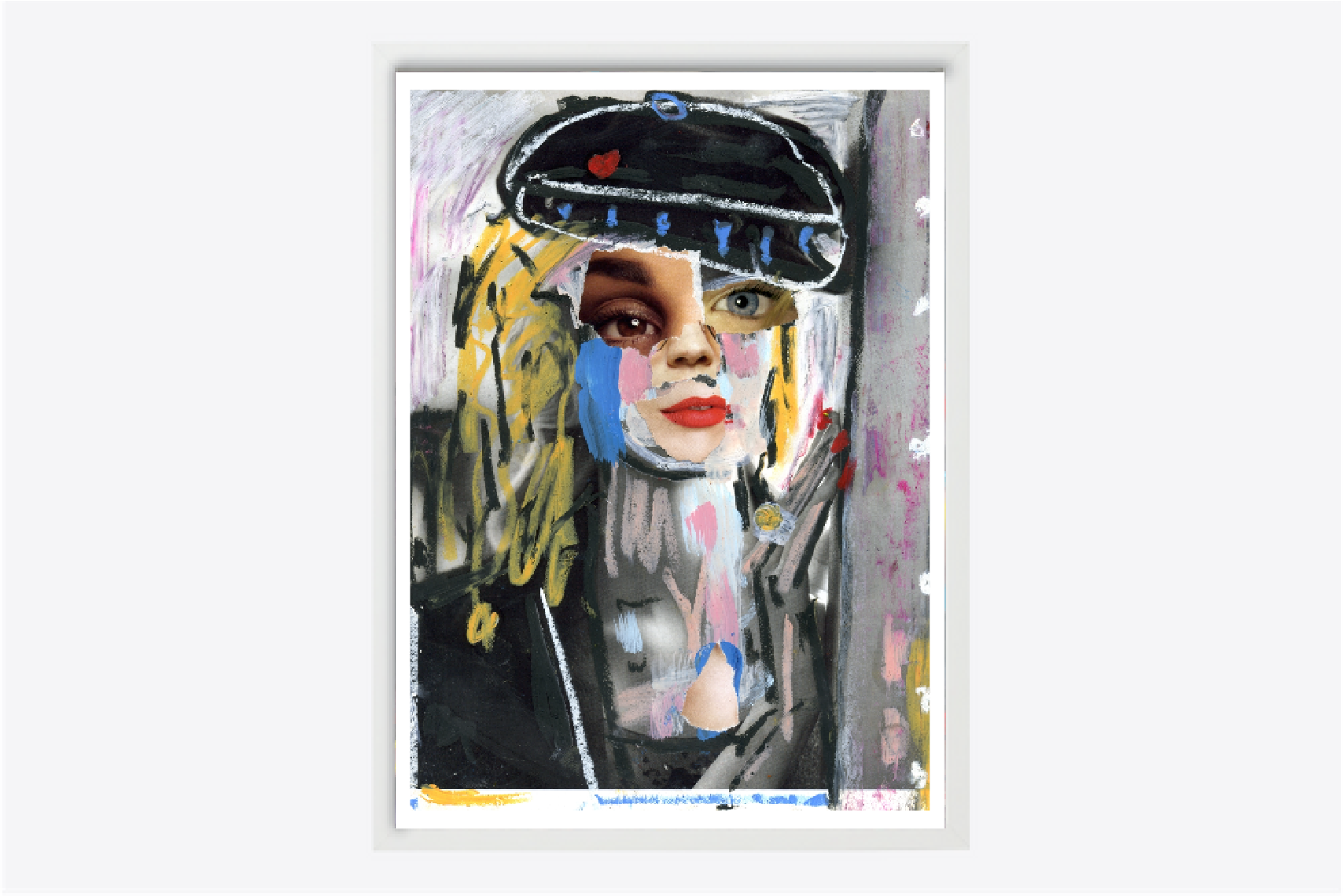 "Artwork titled 'Gabriella' from the ongoing 'Irresistible' series by British contemporary artist Elvis Ellis, known as Elvs. This striking piece transforms old-fashioned images through the application of paint and oil sticks, creating a unique fusion of past and present. Drawing inspiration from the revolutionary approaches of Picasso, the provocative edge of Banksy, and the raw intensity of Jean-Michel Basquiat, Elvs redefines the temporal nature of beauty in today's world. Each work in this series is meticulously handcrafted, utilizing a collage of techniques and mediums to leave a poignant social commentary. 'Gabriella' stands out as a collectible piece that blends classic imagery with modern artistic expression, making it an irresistible addition to any high-end art collection."
