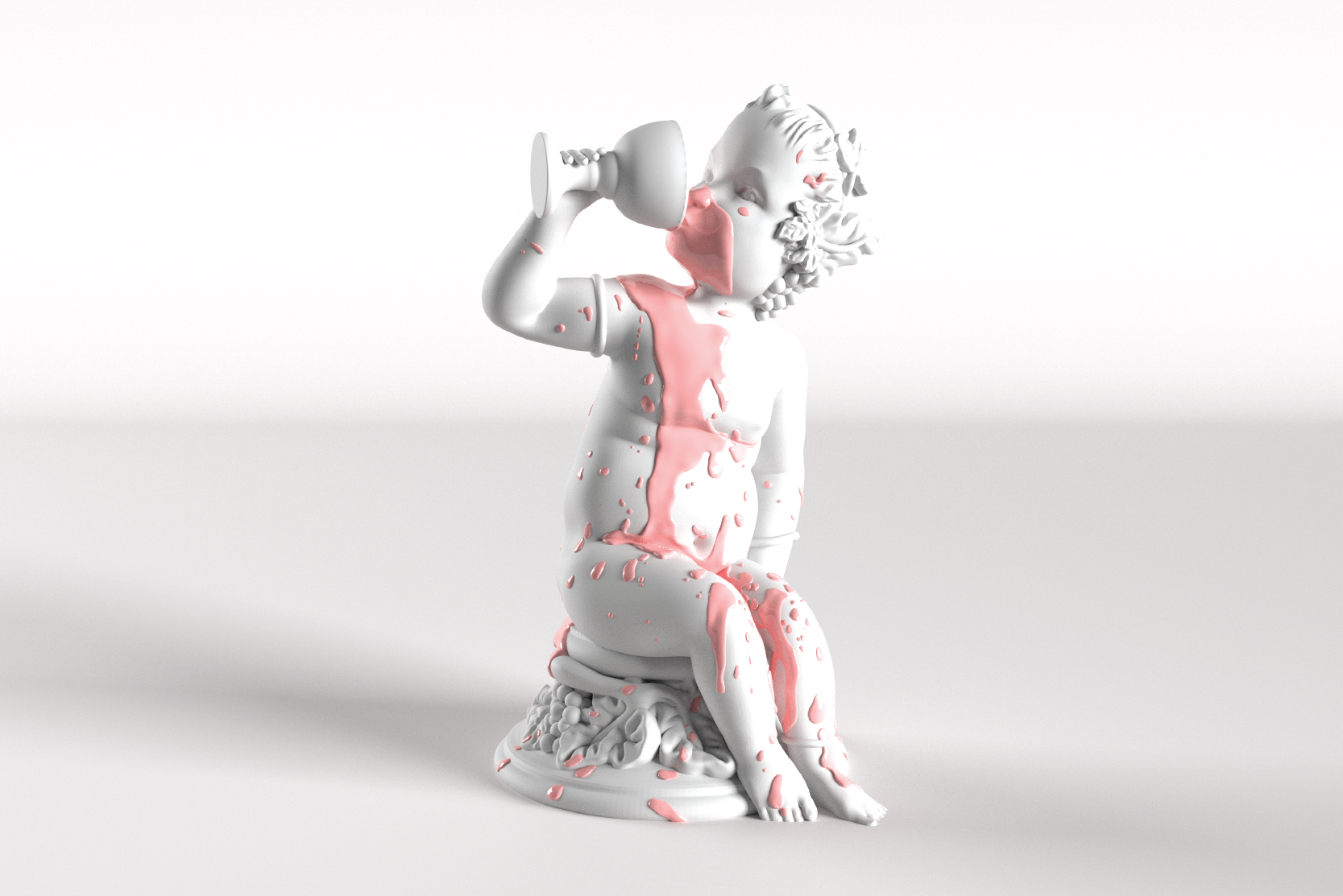 "Painted bronze sculpture titled 'The Drinker - {Rosea} Pink Version' by British contemporary artist Elvis Ellis, known as Elvs. This luxurious piece features a playful cherub drinking, adorned with vibrant pink paint splashes that modernize the classical form. Elvs reimagines historical art with a fresh, fun perspective, influenced by iconic artists like Picasso, Kaws, Banksy, Damien Hirst, and Jeff Koons. Ideal for high-end art collectors, this exclusive sculpture is perfect for display at Art Basel, prestigious galleries, and museums, blending tradition with contemporary creativity."
